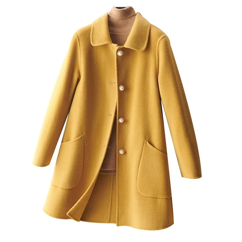 Women's wool mid-length coat with doll collar and pearl buckle in solid colour options