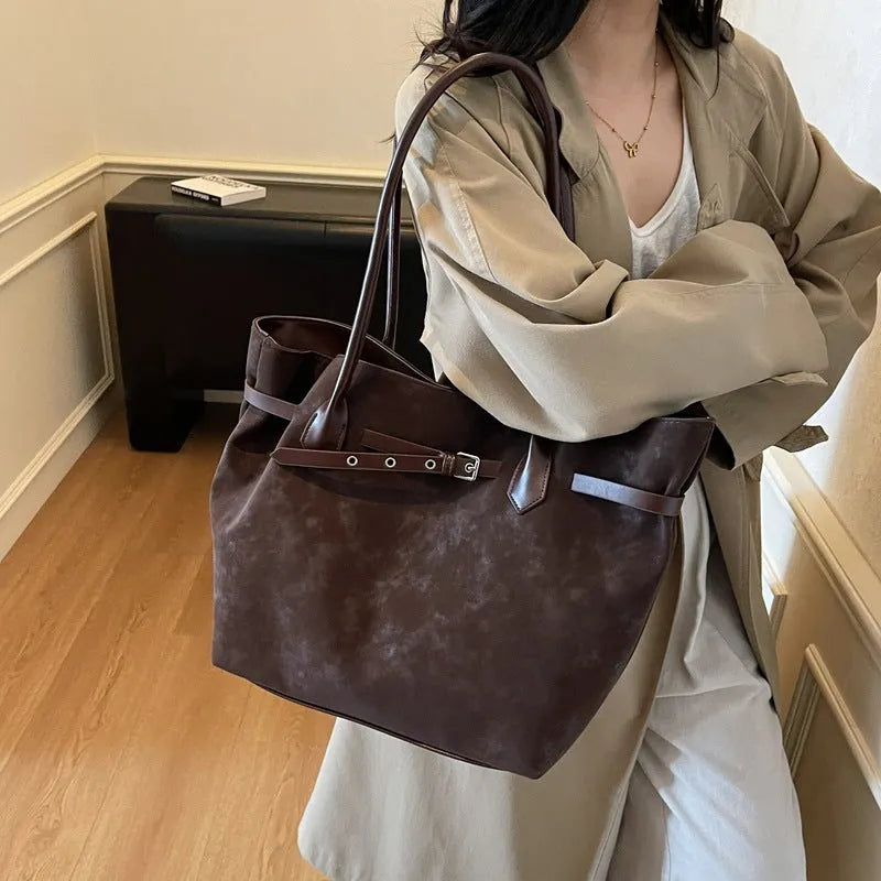 Retro large tote bag for women, deerskin velvet, 46x15x31cm, sandwich pocket, black green brown light brown colours