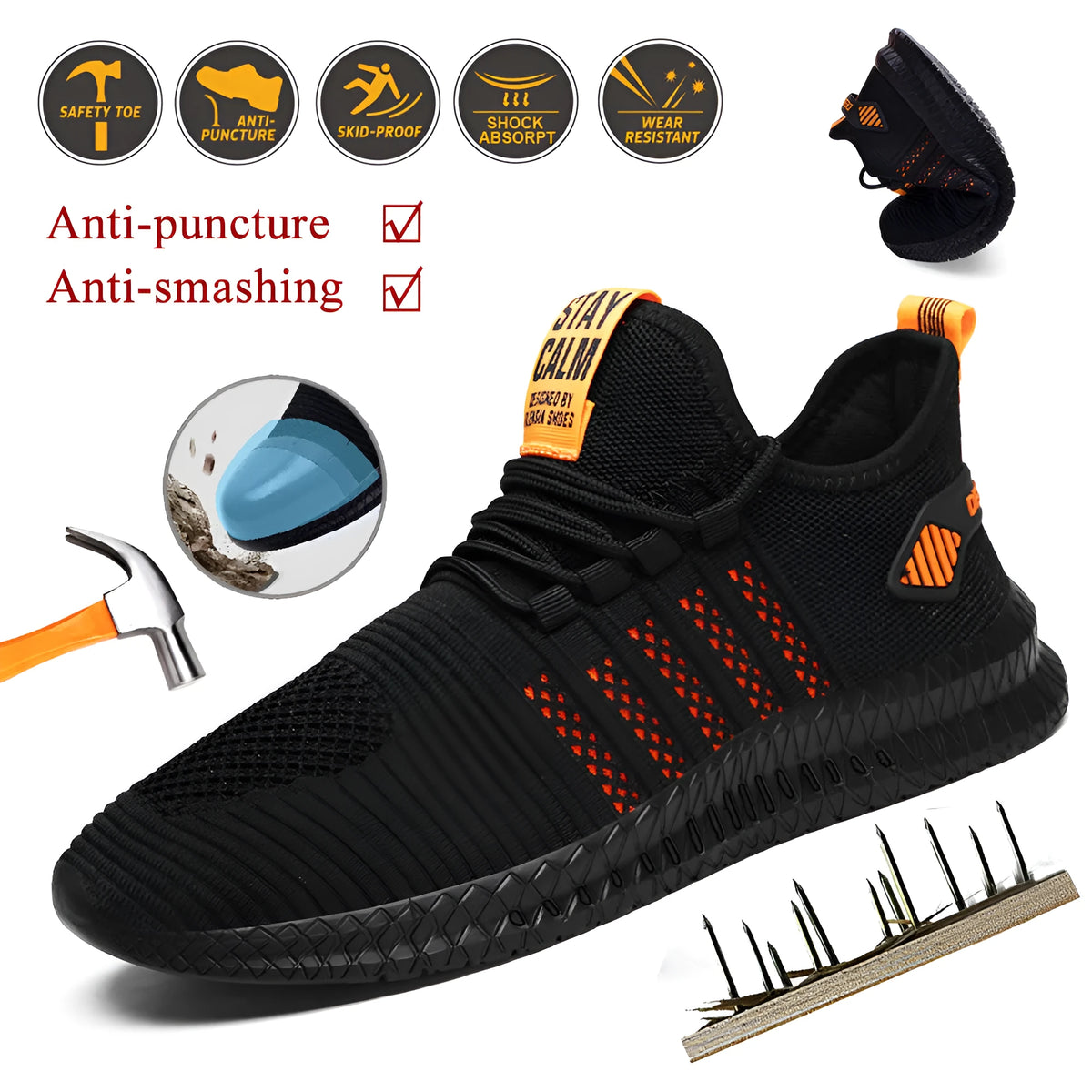 Men's steel toe work safety shoes breathable fly woven mesh low top black orange