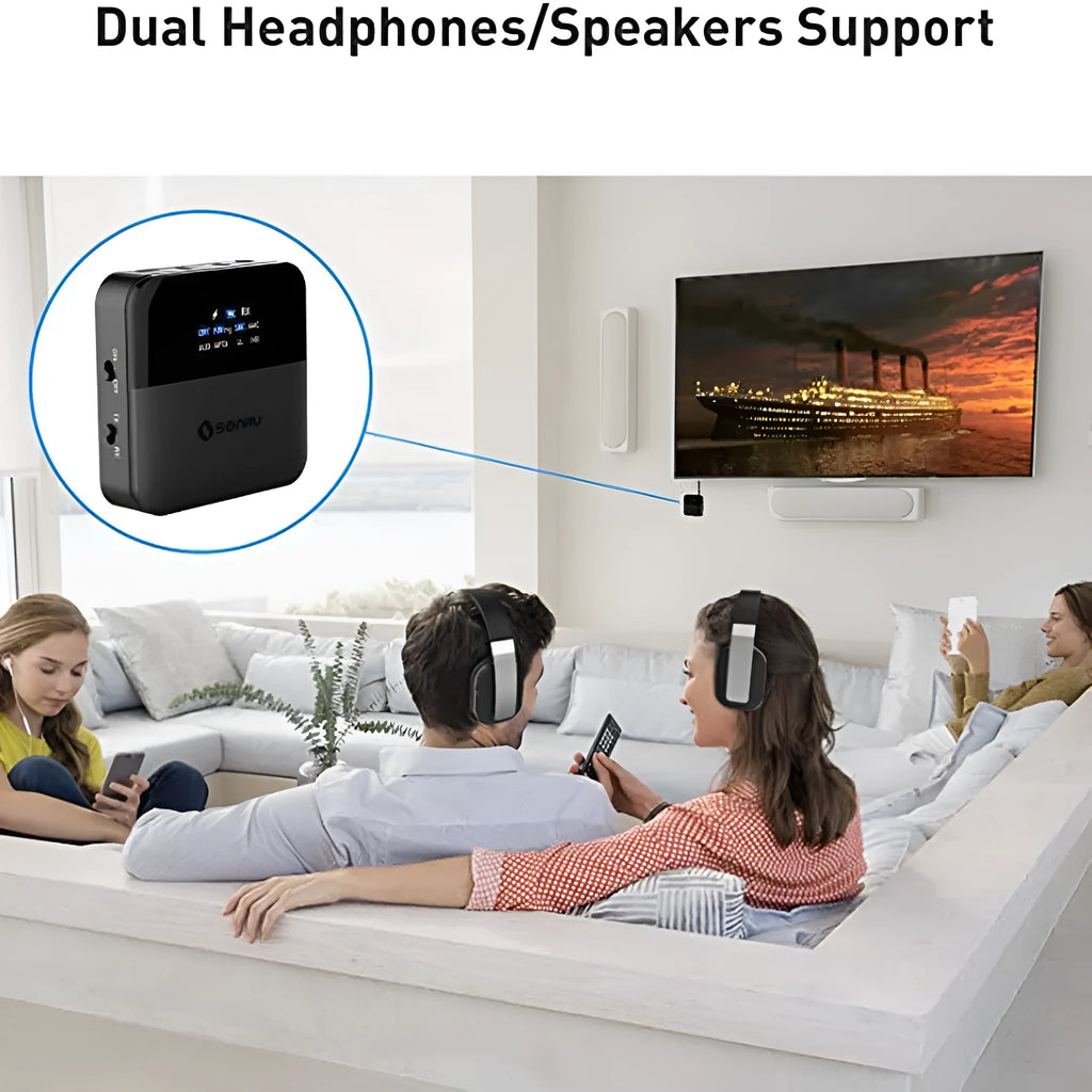Black CSR8675 Bluetooth 5.0 two-in-one adapter with SPDIF and AUX ports, 600mAh battery