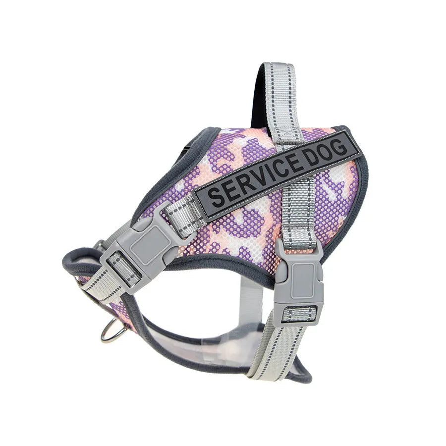 Colourful reflective dog harness with anti-strangulation design in camouflage pattern.
