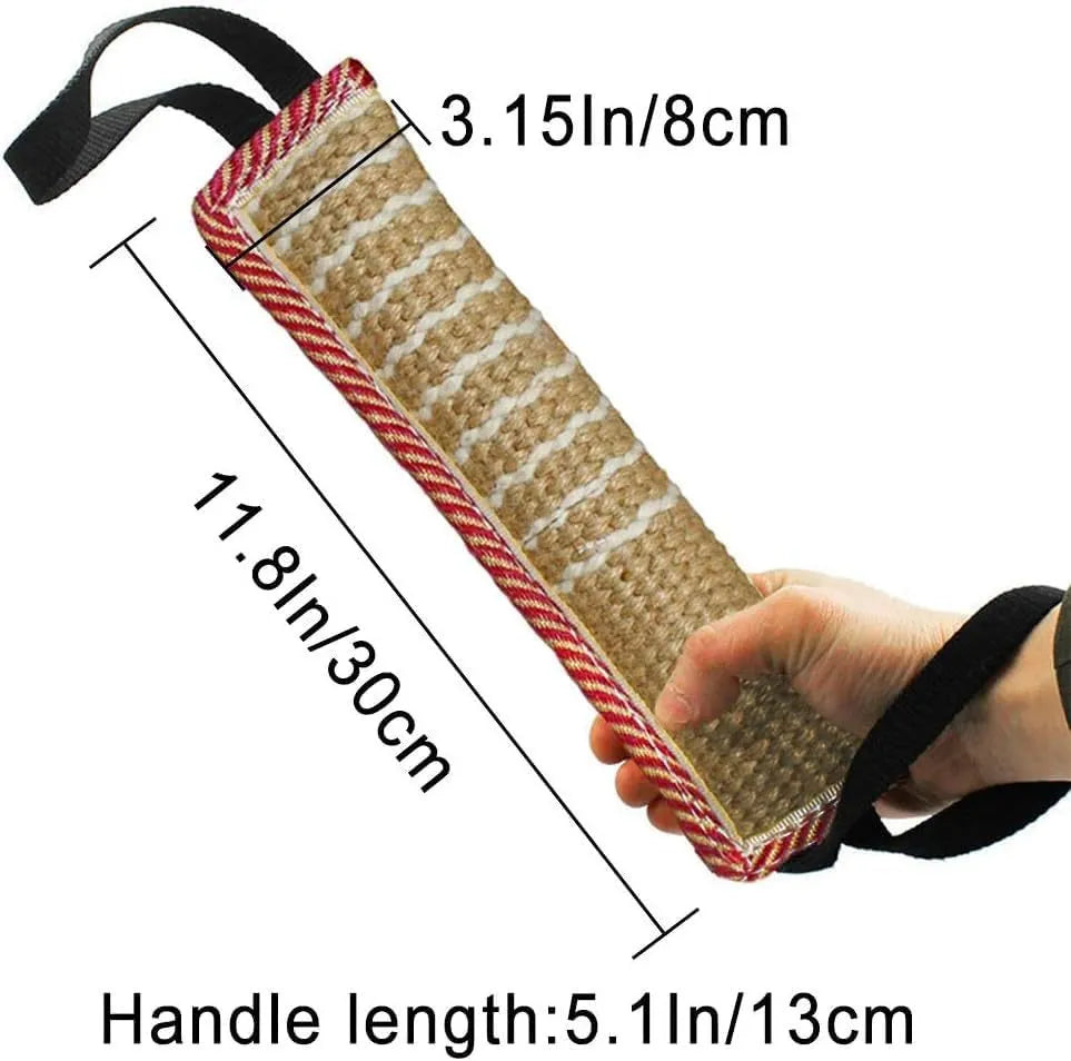 Beige jute dog tug toy with two handles measuring 30cm long for interactive training play
