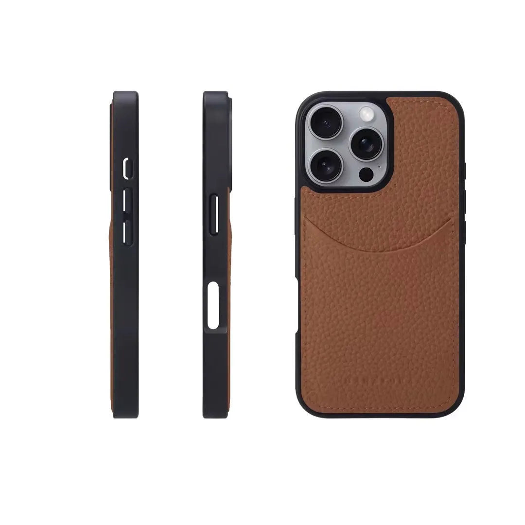 Genuine leather card holder phone case with non-slip cowhide texture for Apple iPhone, black colour