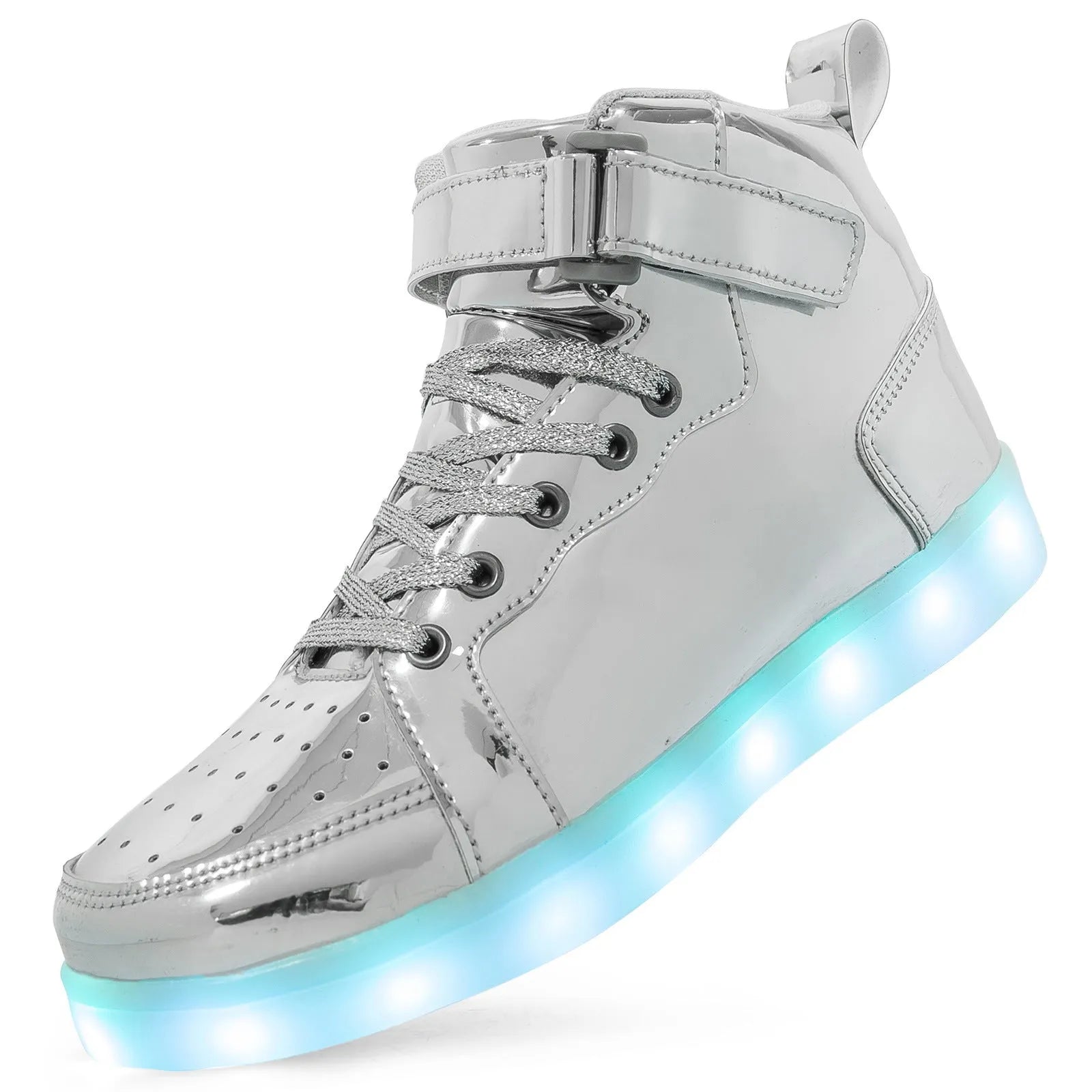 Black high-top LED sneakers with Velcro strap and lit-up soles on a dark background.