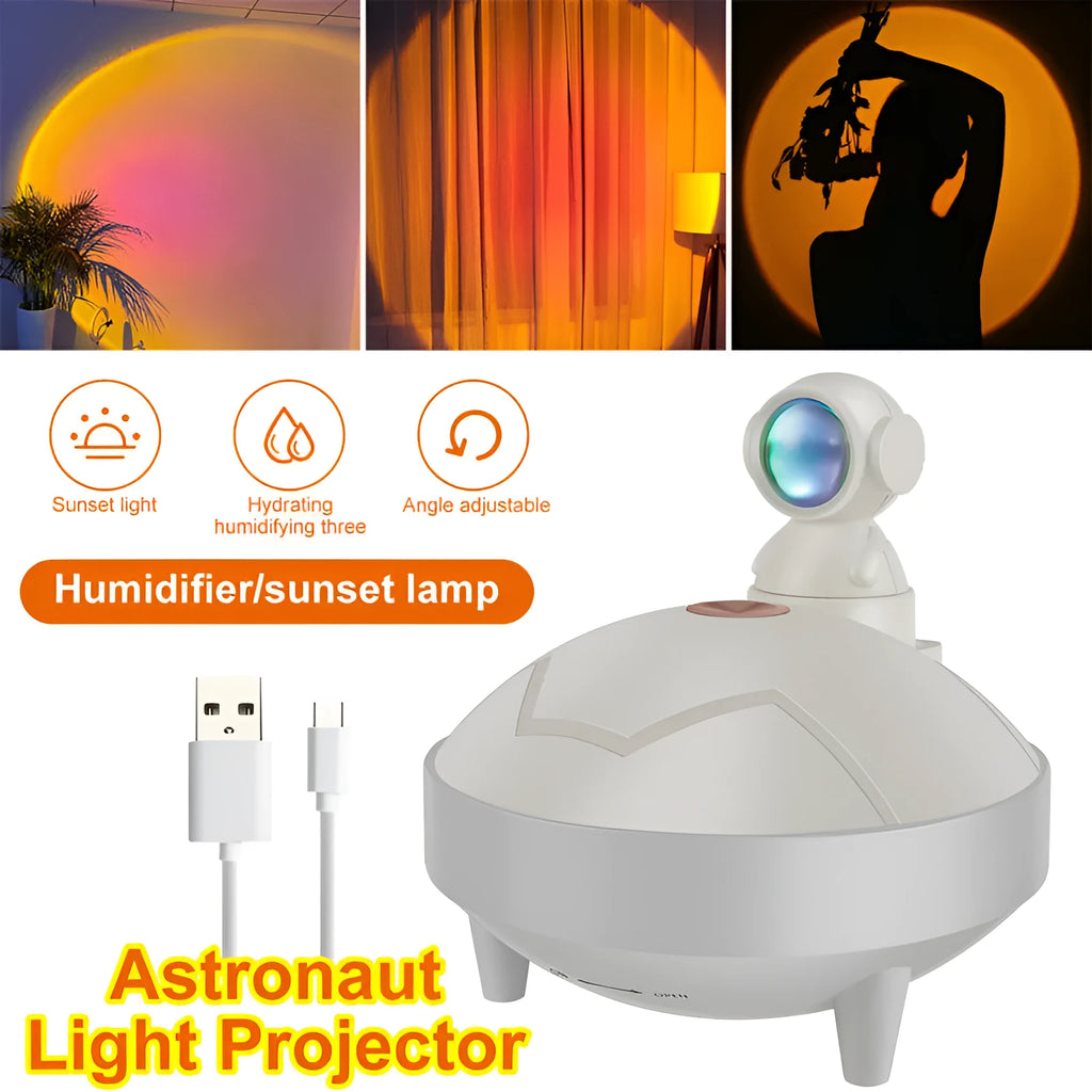 Astronaut sunset lamp humidifier with 360 degree rotating head in green colour, placed on a nightstand