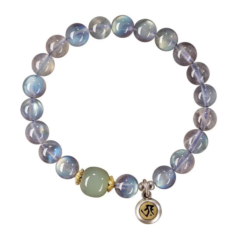 Moonstone crystal bracelet with 8mm beads showing Thousand-Hand Kwan-yin mouse design