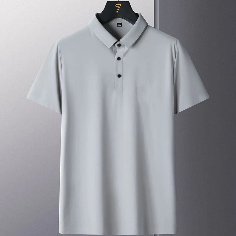 Non-ironing business casual solid colour men's short sleeve nylon shirt in navy blue, front view