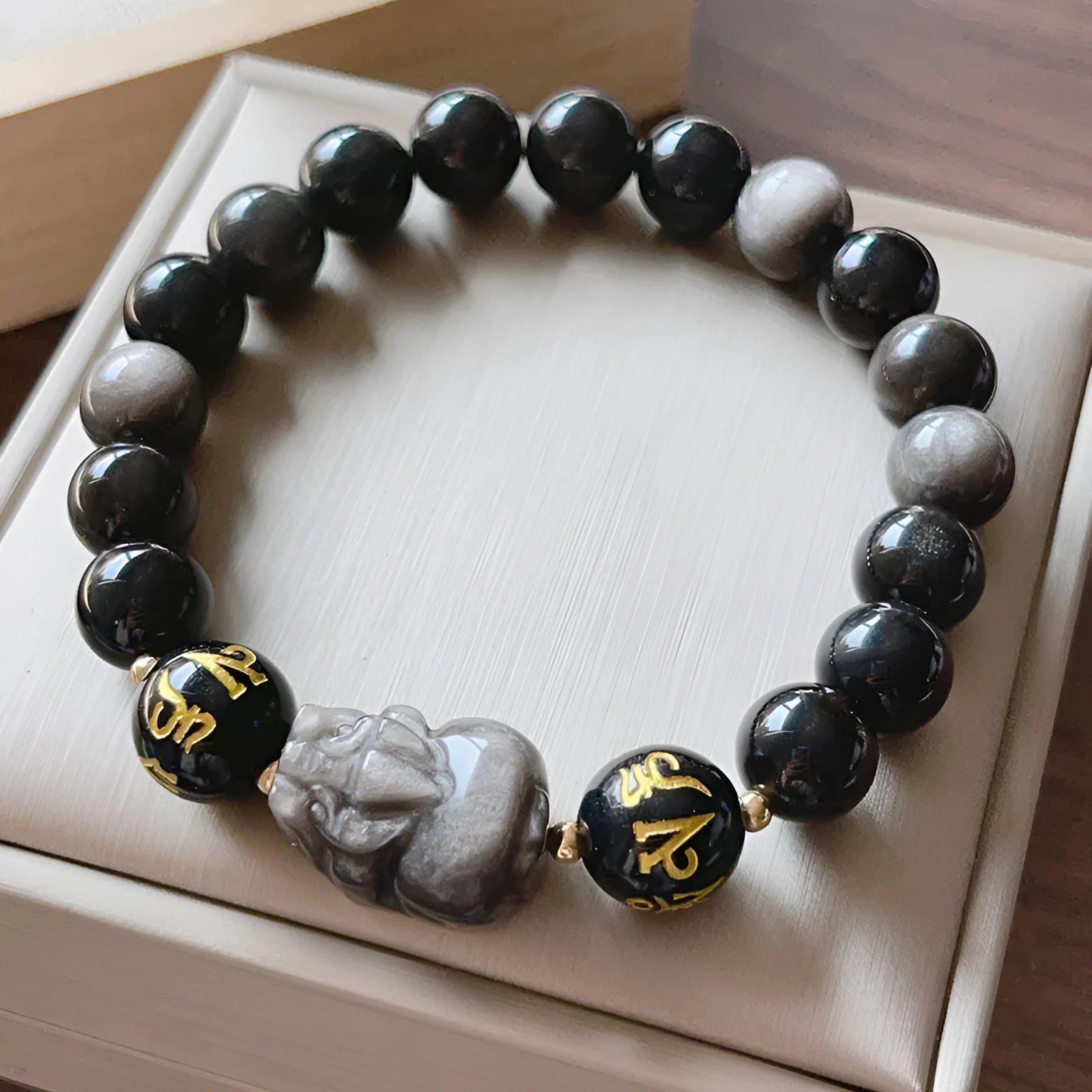 Men's Natural Silver Stone bracelet with zodiac charm and proverb beads in Chinese style.