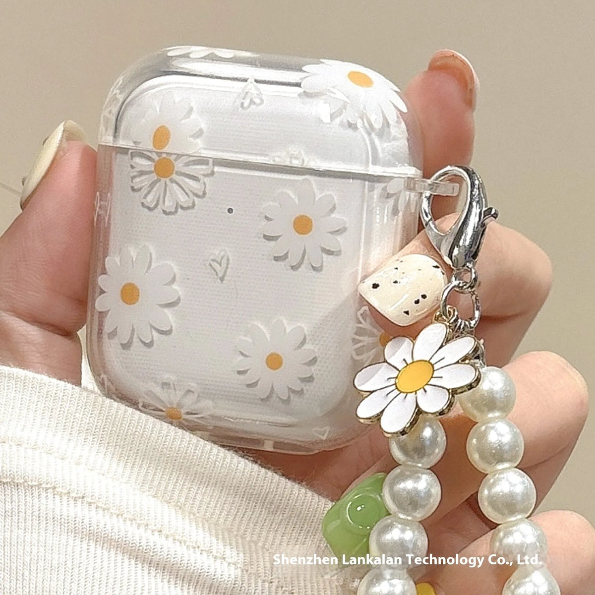 High transparent TPU protective cover with pearl pendant and chain for Apple AirPods charging case