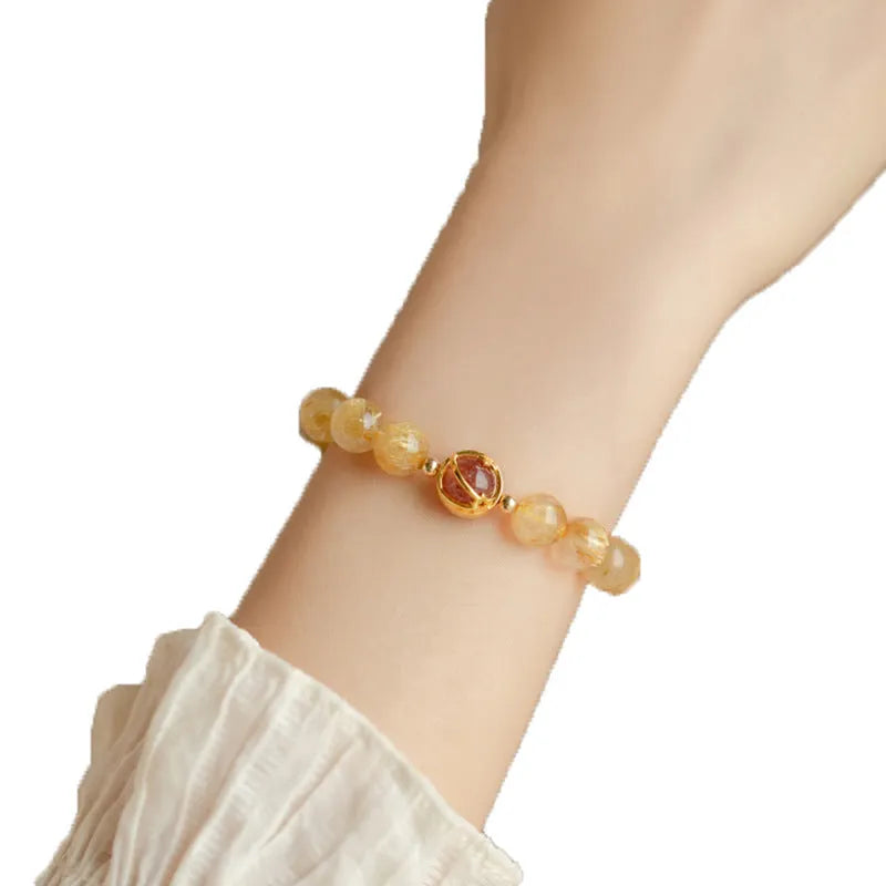 Citrine natural crystal bracelet with gold rutilated quartz beads in diamond cut