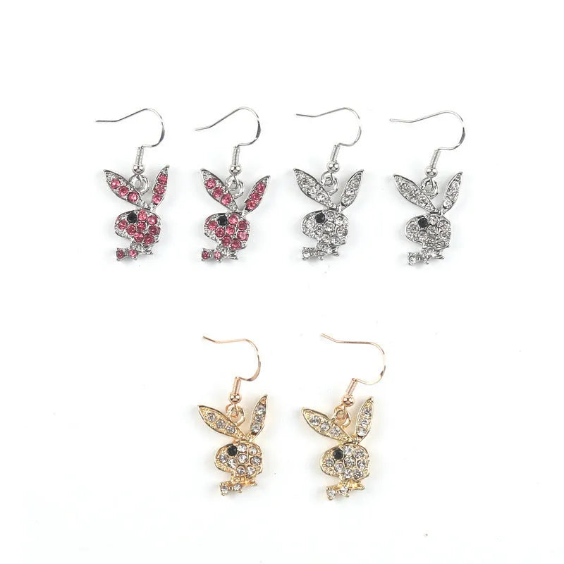 Cute full diamond rabbit stud earrings in silver, gold, and pink colour options.