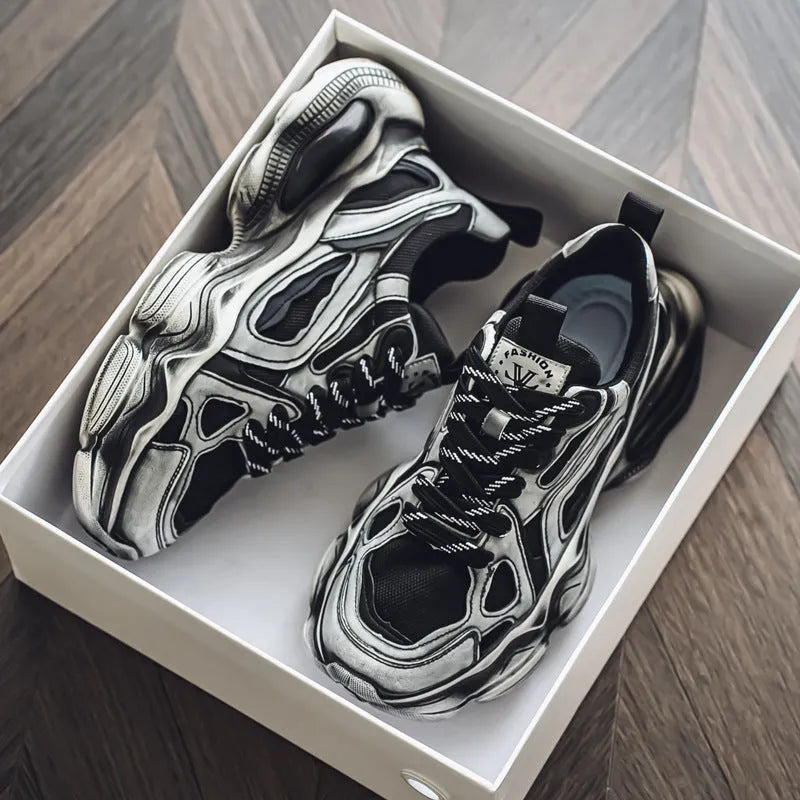 Men's mesh casual height increasing sneakers with colour brush detail in black, gray, and white