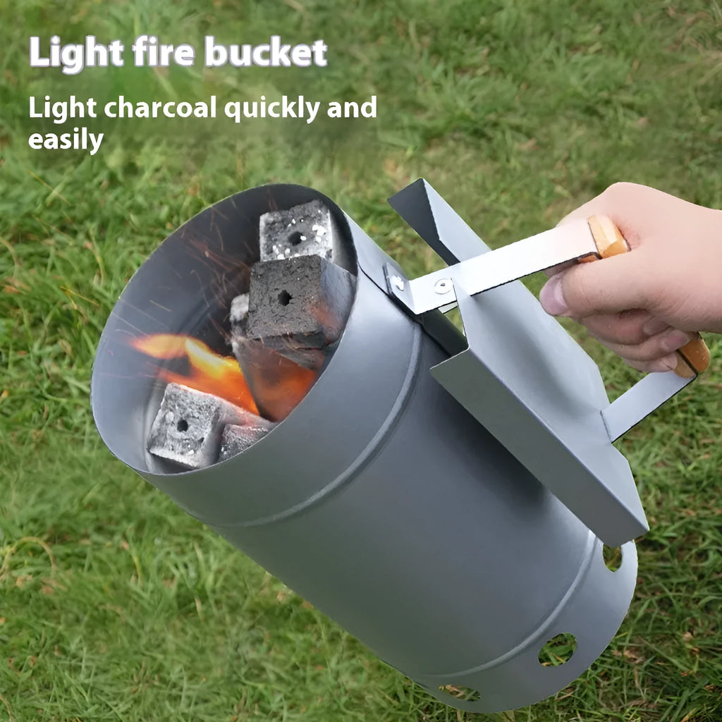 Zinc-iron alloy charcoal fire starter bucket and oven igniter for outdoor barbecues.