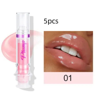 Tube of lip gloss showing shiny finish, available in six different colour shades.