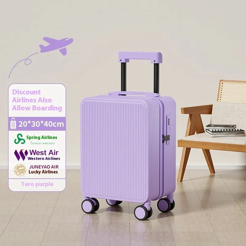 PC trolley case zipper suitcase in solid colour with universal wheels for business travel, available in 16-19 inch sizes