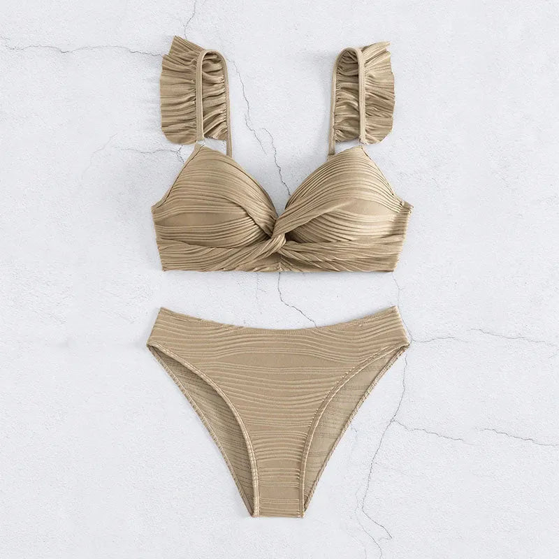Solid colour women's bikini swimsuit in black or khaki made from polyester fabric
