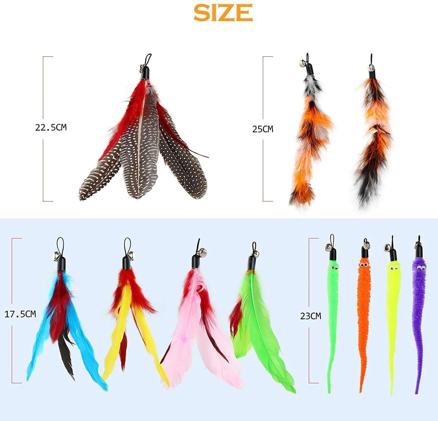 Cat fishing rod toy with feather teaser head and replacement components on blue background