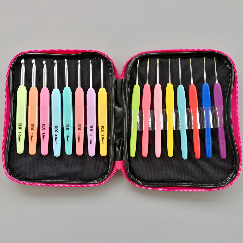 Complete set of 16 crochet hooks with soft and hard handles, sizes 1.0mm to 6.0mm, inside a grey PU storage bag.