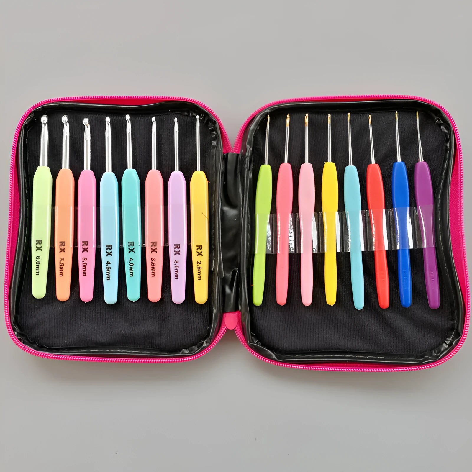 Complete set of 16 crochet hooks with soft and hard handles, sizes 1.0mm to 6.0mm, inside a grey PU storage bag.