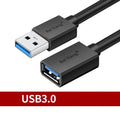 Black USB 3.0 and USB 2.0 male to female extension cable showing connectors and length options from 1 to 5 metres