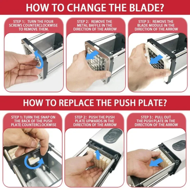 Black electric french fry cutter machine with stainless steel blades on a kitchen countertop.