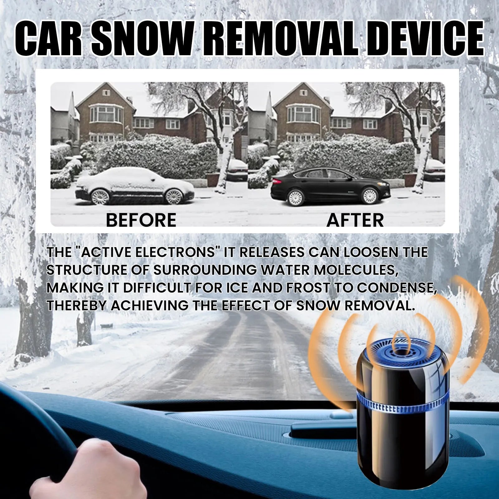 Compact 5.6 by 6.8 cm car windshield defrosting tool with power switch for heat and moisture release.