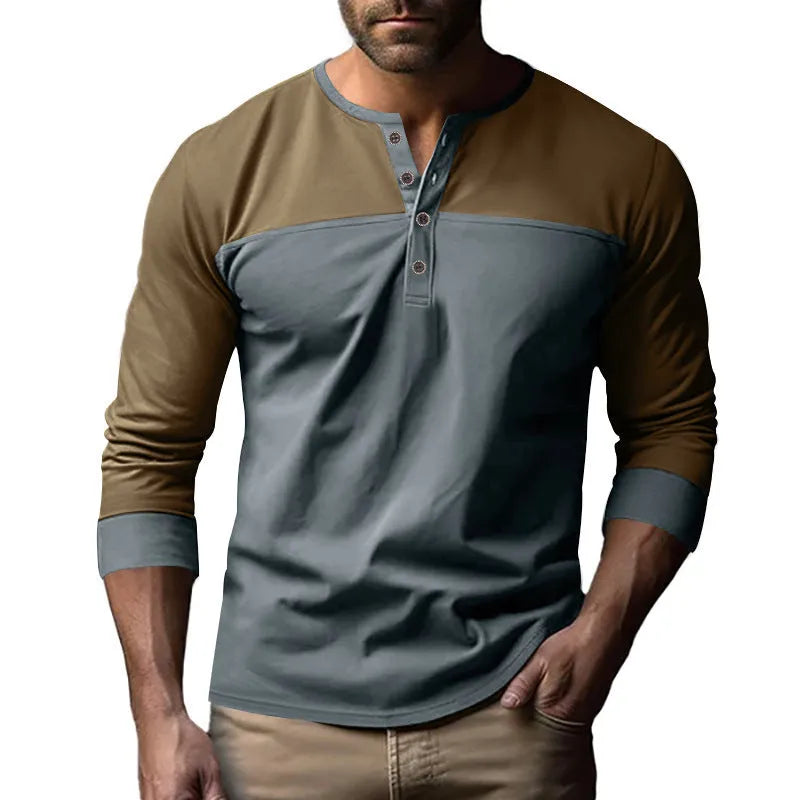 Men's retro colour block long sleeve polyester pullover base shirt in black and brown colourway, loose fit