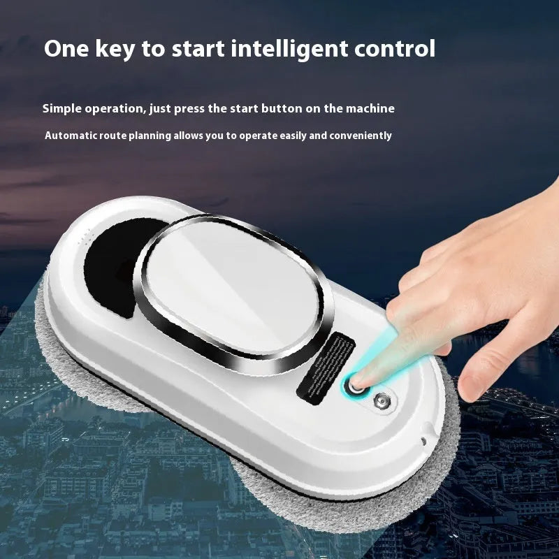 White full-automatic high altitude cleaning machine with remote control on a windowsill