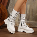 Women's black mid-calf knight boots with metal buckle detailing and side zipper
