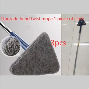 Blue triangle cleaning mop with rotating head and extendable stainless steel pole on a tiled floor