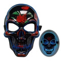 Colourful plastic skeleton Halloween mask with glowing LED lights and a clip-on battery pack.