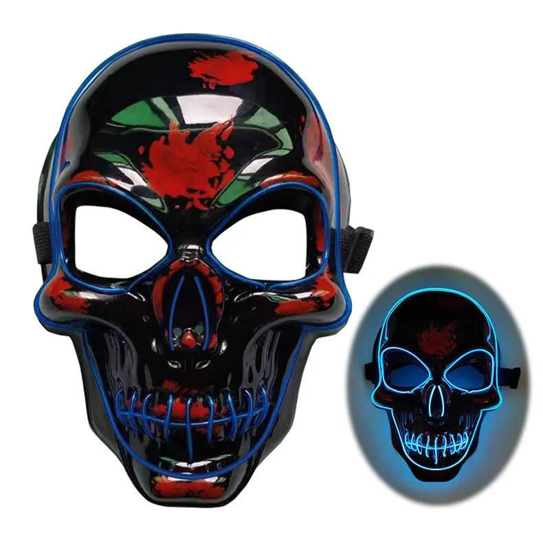 Colourful plastic skeleton Halloween mask with glowing LED lights and a clip-on battery pack.