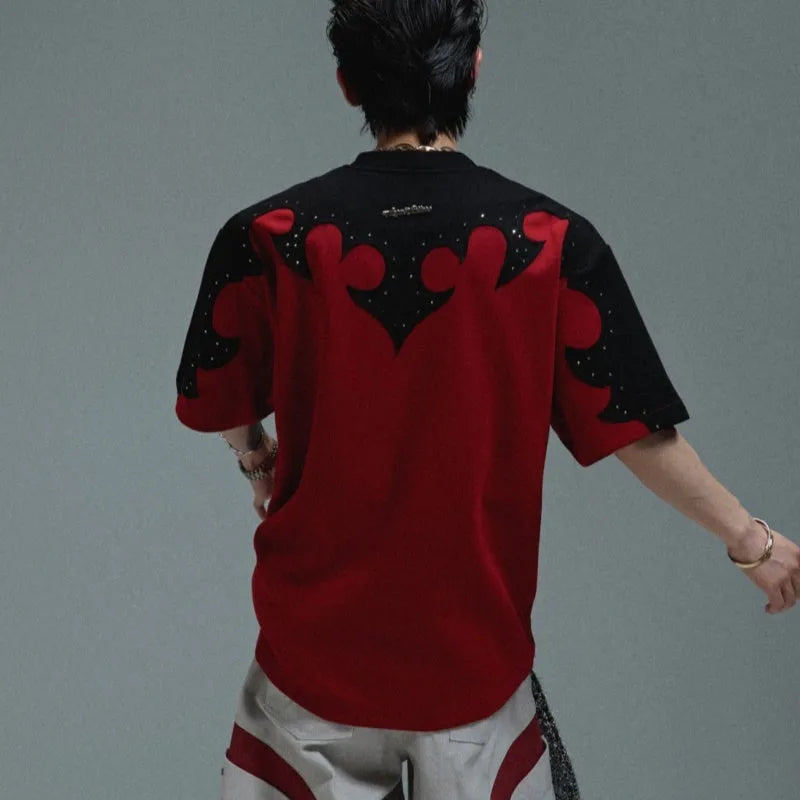 Men's loose fit grey cotton t-shirt with a 3D burnt flower rhinestone design on the front.