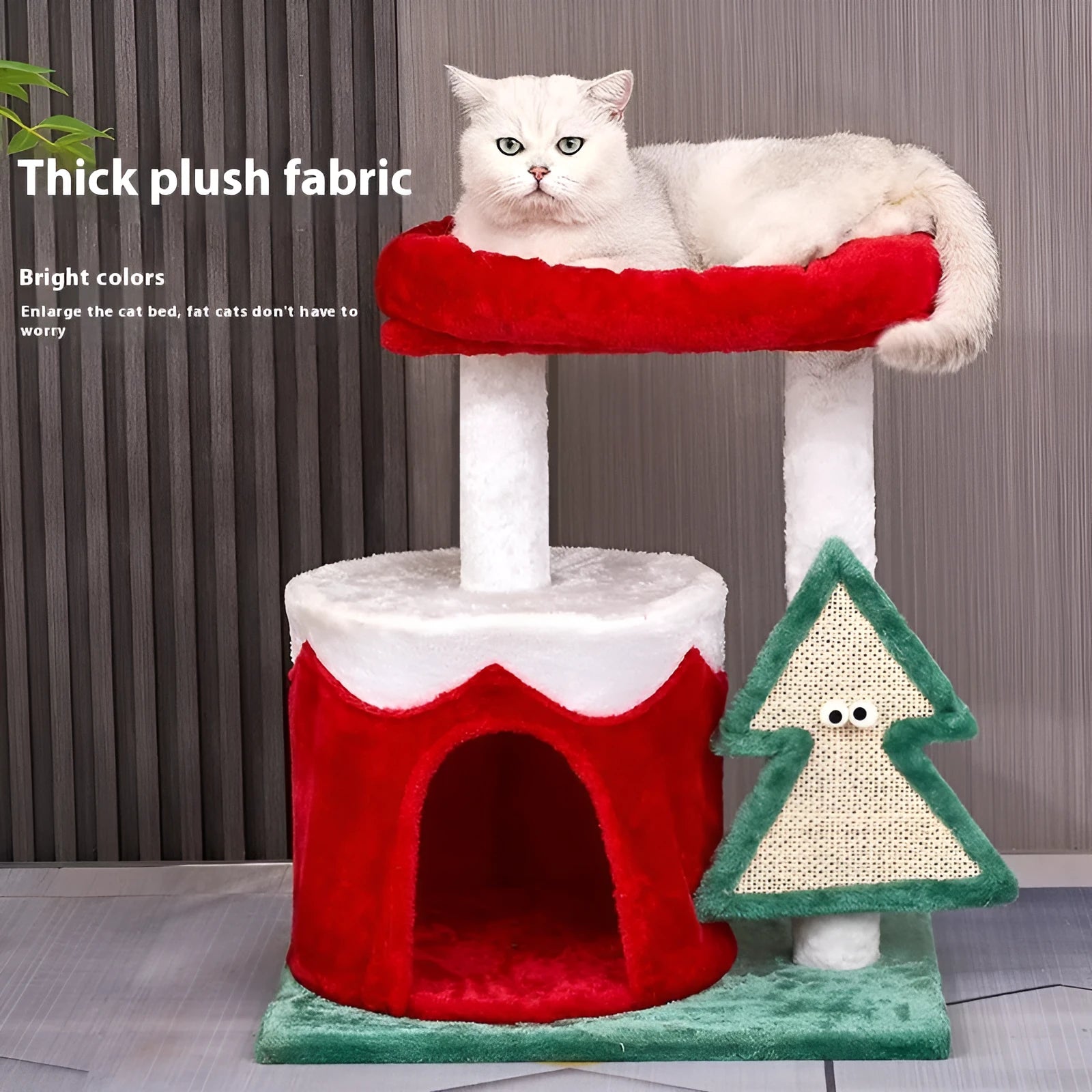 Cat scratch integrated toy with Christmas colours in red, green and white on density plate material