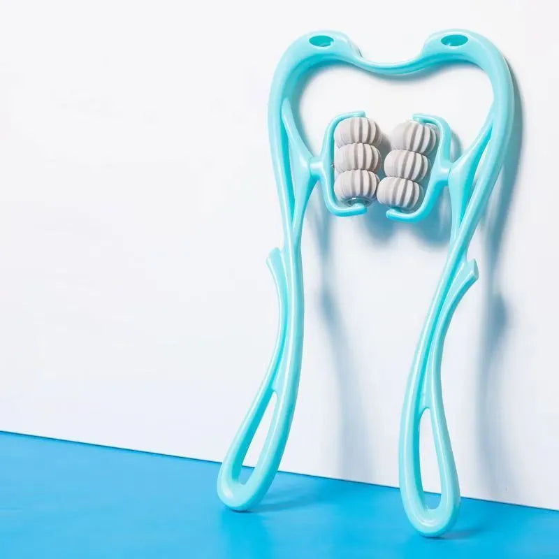 Blue plastic six-wheel neck and shoulder massager with adjustable arms on a white background.