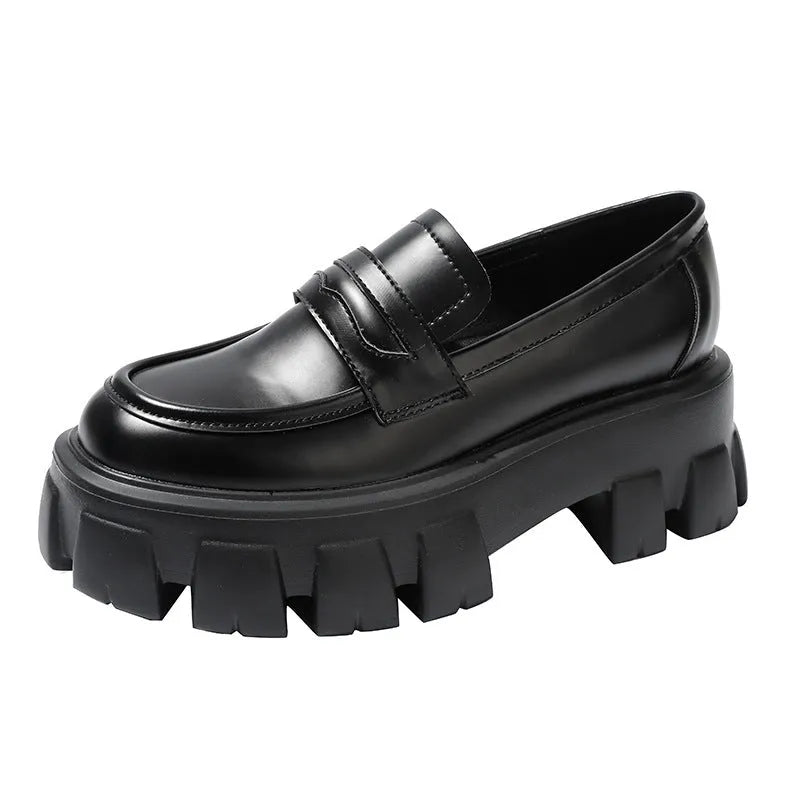 British wide-fit loafers in matte and patent leather with shallow opening and muffin heel design