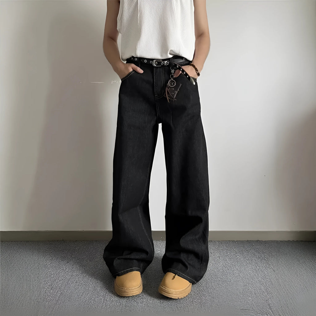 Black straight-leg wide jeans with zip fly and mid-waist design