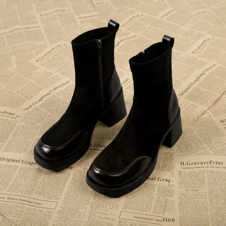 Thick bottom chunky heel Martin boots for women in black with lace-up fastening and rubber sole
