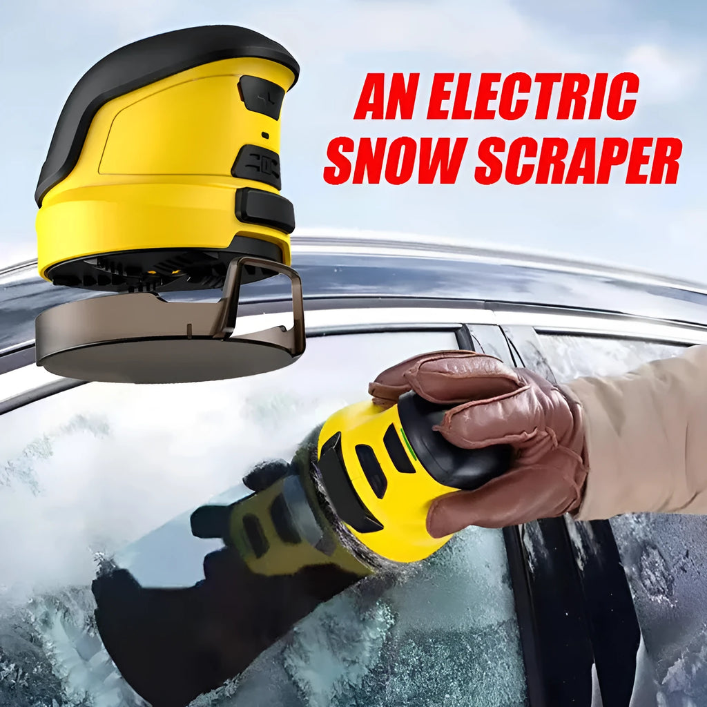 Yellow cordless electric snow scraper for car windows with USB charging cable