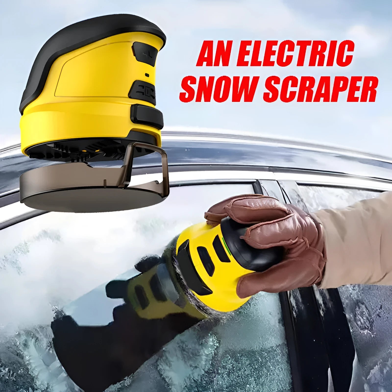 Yellow cordless electric snow scraper for car windows with USB charging cable