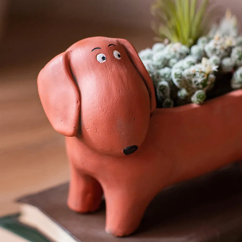 Cement sausage dog flower pot medium size 15x20.5x10cm with drainage hole on floor
