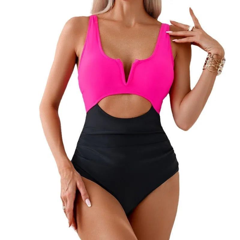 Women's contrast colour block one-piece swimsuit in nylon fabric.