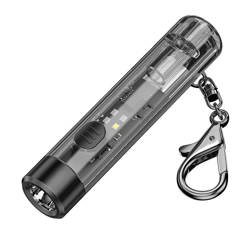 Black portable outdoor flashlight with USB charging port and compact plastic design