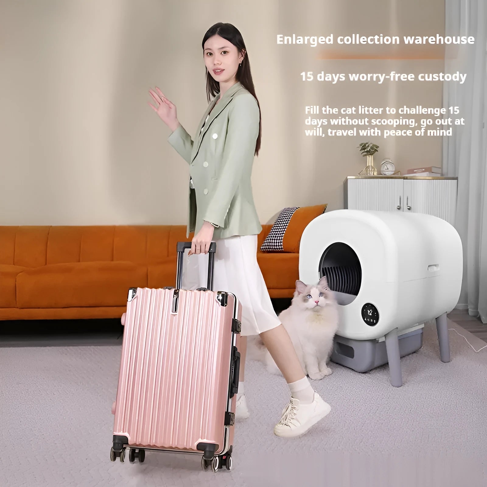 White automatic self-cleaning cat litter box with a large interior and separate waste drawer.