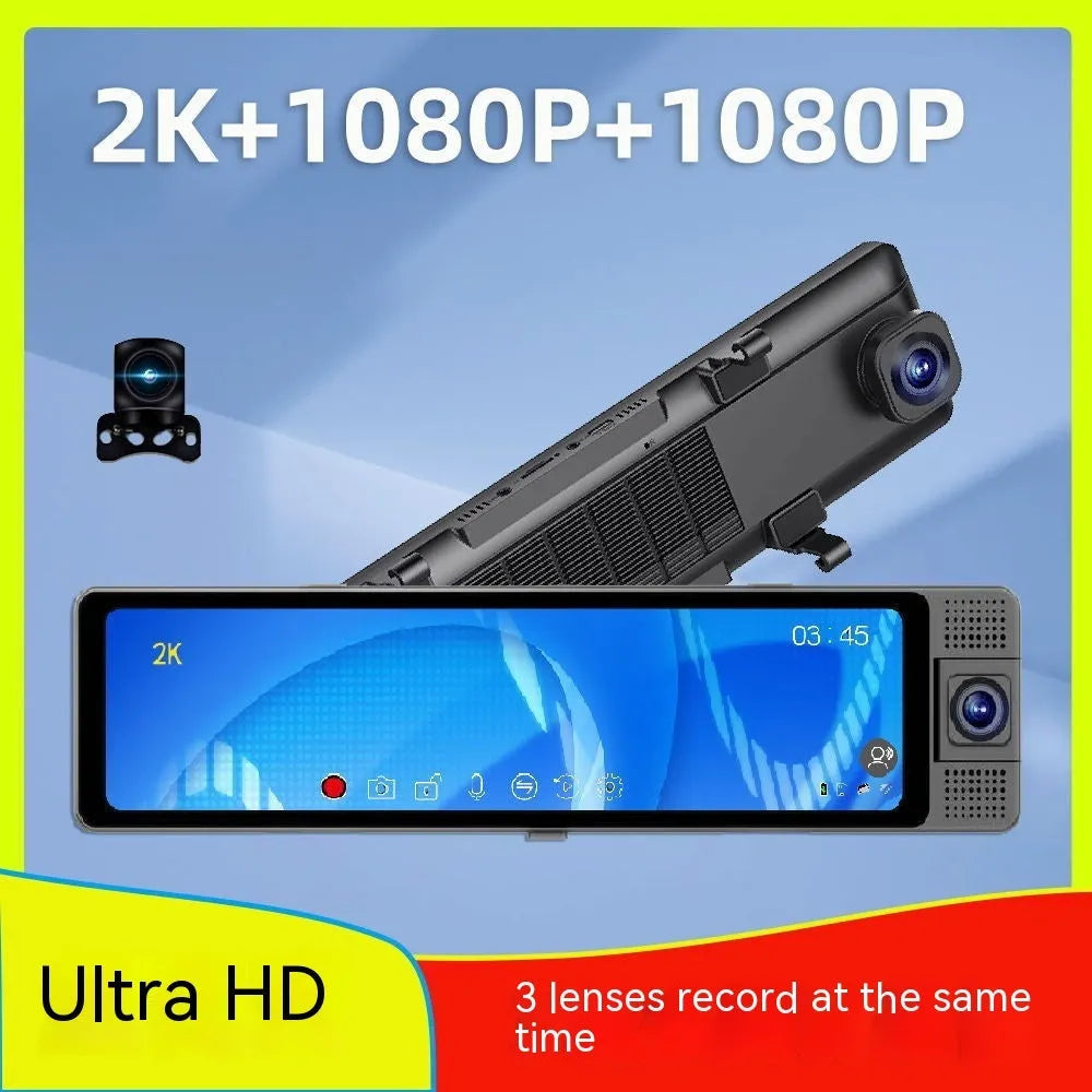12-inch car rearview mirror video recorder with touch screen and reversing camera displayed