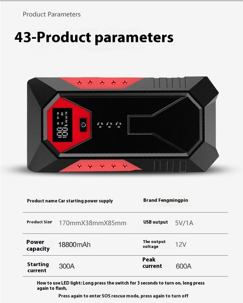 Red 12V car jump starter with battery clamps and 18800mAh capacity for emergency vehicle starting