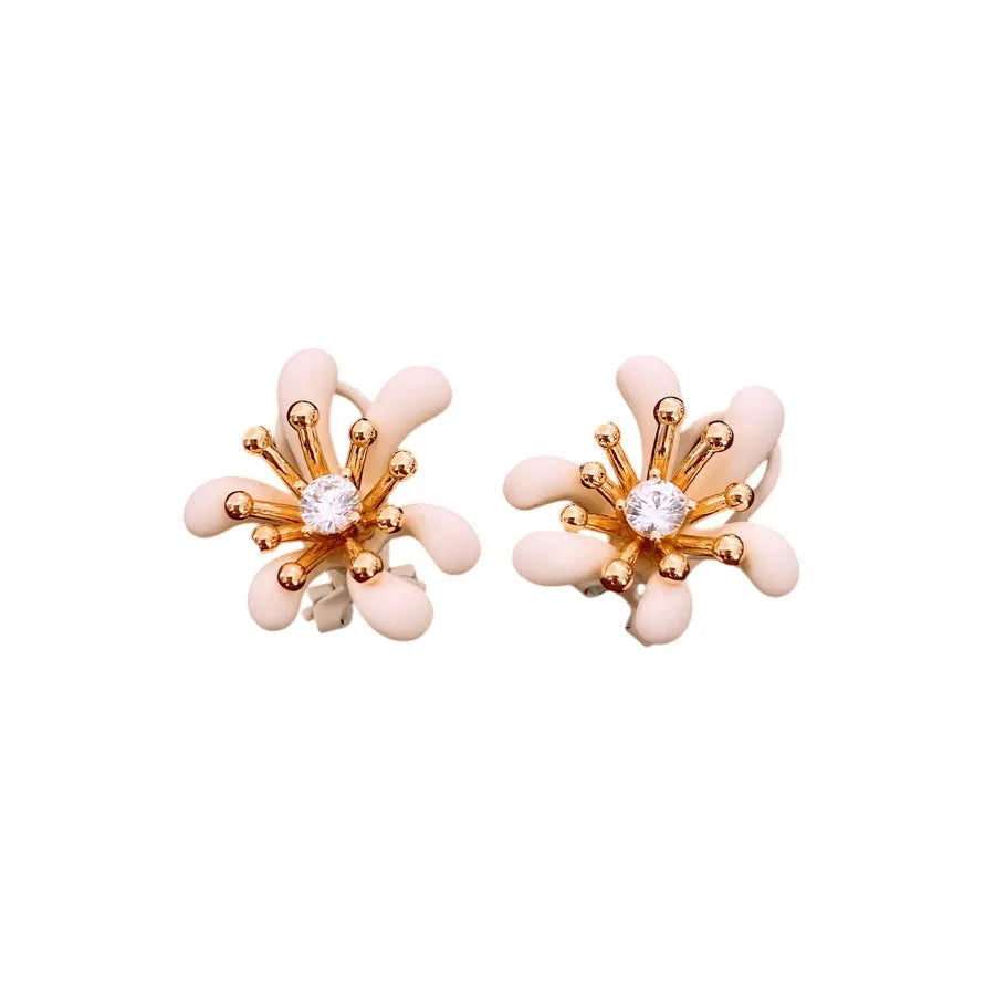 Real gold electroplated silver needle earrings with inlaid diamond and 3D flower shape, Coffee Color Gold option