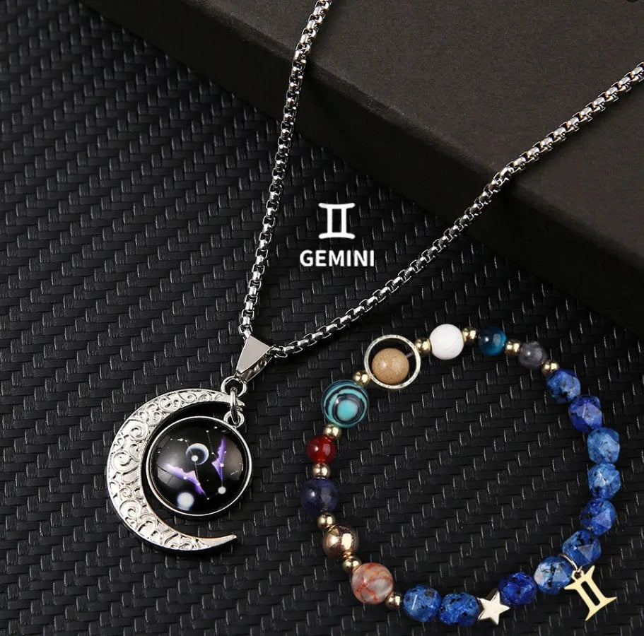 Natural stone zodiac necklace and bracelet set for all 12 star signs