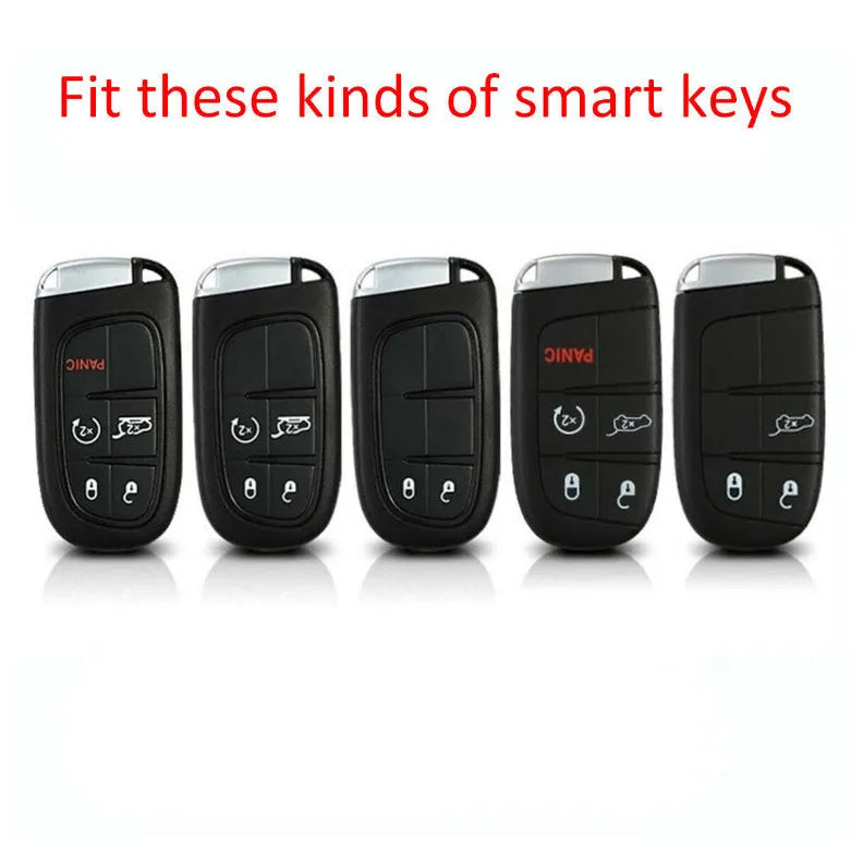 Black carbon fibre silicone key case for Dodge Chrysler Fiat car remote keys, shown in bag and buckle styles.