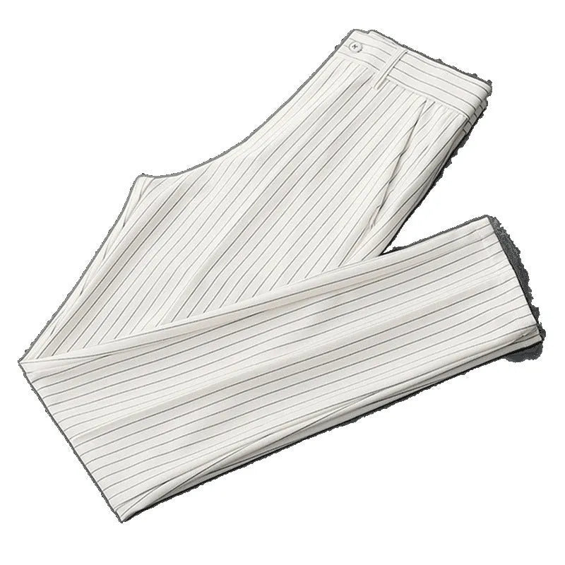 Men's thin striped loose suit pants in black and white, showing trousers style and crop jeans options